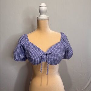 Wild Fable Purple Gingham Crop Top Size Large Puffy Sleeve Tie Front